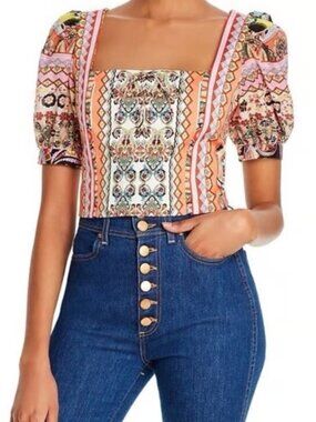 Alice + Olivia Margarite Tie Front Puff Sleeve Euphoria Cropped Top Size XS